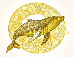 Poster - Captivating whale enclosed in a circle in illustrative tattoo style with bright yellow hues