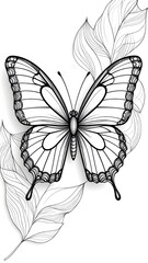 Poster - Surreal line art of a butterfly surrounded by leaves in black and white nature aesthetic
