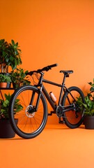 Poster - Bicycle with potted plants in a warm room featuring biodegradable pots and sunset orange hues