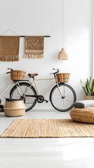 Poster - Charming bicycle positioned elegantly in a bright white room with inviting atmosphere