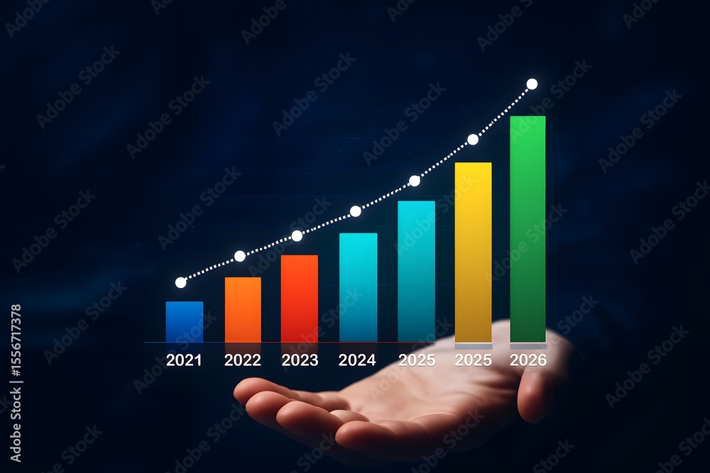 A digital bar chart with a white dotted line graph overlay, showcasing data from 2021 to 2026. The multi-colored bars (blue, orange, red, cyan, yellow, green) represent growth and progress. The chart