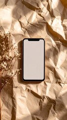 Poster - Chic flat lay of smartphone with plant on recycled paper texture with deep shades