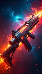 Poster - Futuristic gun floating in space with fiery crimson glow and textured sci-fi style