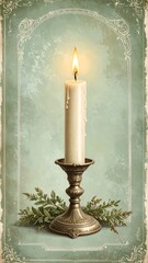 Poster - Antique candle on sage green background in vintage poster style with textured details