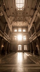 Poster - Expansive room with a clock captured from a worm's eye angle showcasing industrial design