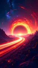 Poster - Enigmatic road featuring a spiral tunnel in a futuristic sci-fi landscape with vibrant effects