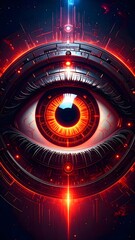 Poster - Eye emitting striking red light with sci-fi elements and detailed cybernetic features