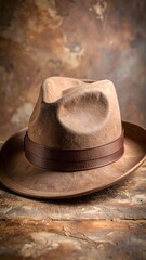 Poster - Antique vintage hat gracefully placed on a wooden table with light brown hand-drawn shades