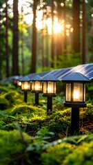 Poster - Serene forest pathway illuminated by rows of solar powered lights creating a magical scene