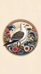 Poster - Pastel hues japanese style seagull on branch with flowers in artistic tattoo design