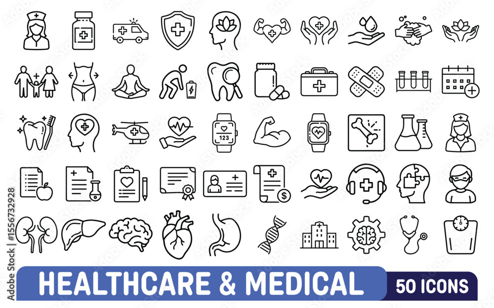 Comprehensive collection of 50 healthcare and medical line art icons ...