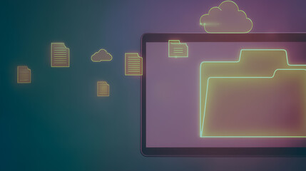 Poster - Cloud and Device Data Flow: An illustration of files flowing between a cloud icon and device, symbolizing seamless data transfer and connectivity in a connected world.