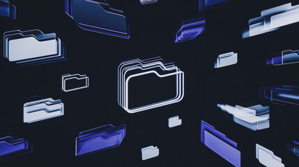 Poster - Digital Data Flow: Abstract representation of digital data storage and transfer, showcasing a multitude of floating folders in shades of blue and white against a dark background.