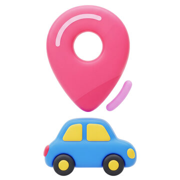 Blue car under a pink location pin on white or transparent background