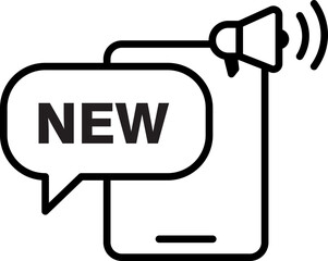 Leinwandbilder - New product announcement icon smartphone outline speech bubble with new text megaphone symbol digital marketing modern communication black and white vector illustration