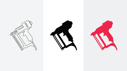 Poster - Nail gun vector illustration set construction tool in black red and outline style for diy projects editable vector illustration with png format