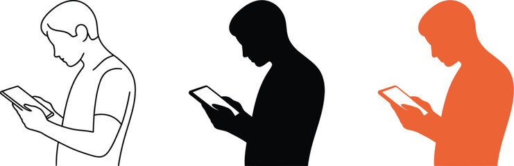 Poster - Man using tablet vector illustration set of people using technology for communication and work online editable vector illustration with png format