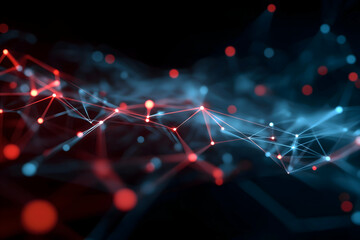 Aufkleber - Abstract digital network visualization with interconnected nodes and lines in red and blue hues on a dark background.