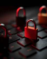 Aufkleber - A close-up image of red padlocks placed on a black computer keyboard, symbolizing cybersecurity and data protection.