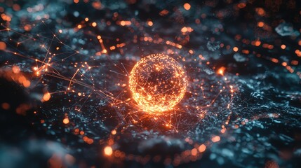 Poster - Dynamic orange sphere creating connections in a digital landscape abstract visualization futuristic concept high-tech environment