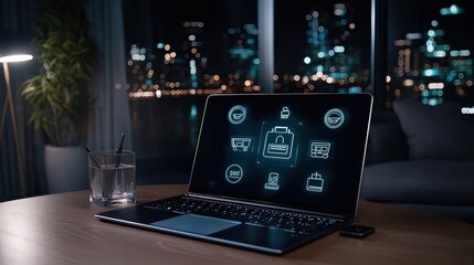 Poster - Technology-driven business solutions modern office digital interface urban nightscape close-up innovation in a remote workspace
