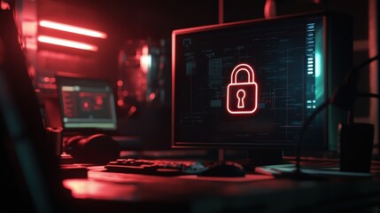 Poster - Cybersecurity awareness training office environment digital display high-tech workspace focused perspective data protection concept
