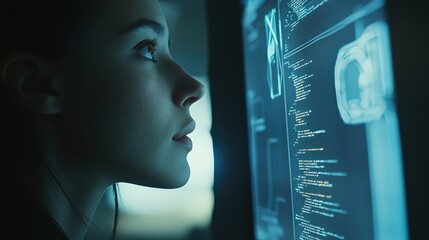 Poster - Tech innovator analyzing data futuristic lab digital interaction cyber environment close-up empowering innovation
