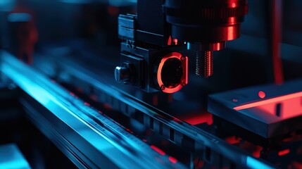 Poster - Precision engineering process manufacturing facility close-up image high-tech environment side view modern technology concepts