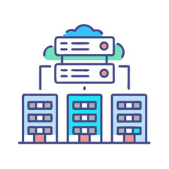 Poster - Modern server buildings cloud computing graphic, data hosting concept