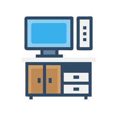 Aufkleber - Cartoon computer on a blue table with drawers