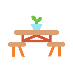 Poster - Flat graphic icon of picnic table with potted plant