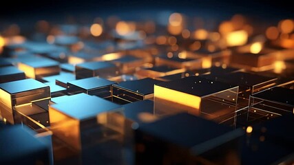 Fototapete - Abstract Tech Background with Blue And Gold Lighting on Square Geometric Pattern