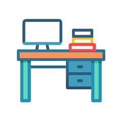 Poster - Stylized desk with computer and books for office concept