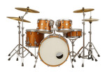 Transparent drum kit displaying musical instruments, including bass drum, snare, tom-toms, and cymbals for professional music design