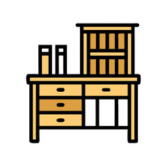 Poster - Minimalist office desk with drawers and bookshelf graphic icon