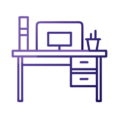 Poster - Minimalist purple line art desk workspace with computer and shelf