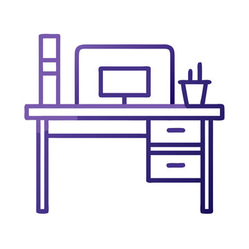 Minimalist purple line art desk workspace with computer and shelf