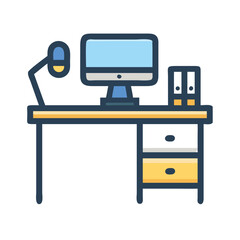 Poster - Minimalist Workspace Illustration with Desk, Computer and Lamp