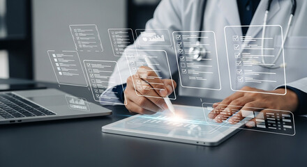 Poster - Doctor using tablet with digital medical records and laptop on desk in a modern office space