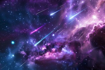 colorful meteor shower in deep galaxy sky, vibrant purples and blues, stars and nebula glow, cosmic 