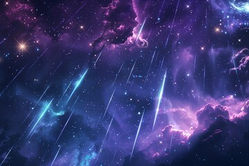 Wall Mural - Colorful meteor shower in deep galaxy sky, vibrant purples and blues, stars and nebula glow, cosmic fantasy background.