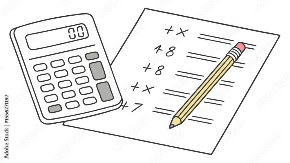 Illustration showing a calculator next to a paper with math problems ...