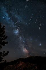 Wall Mural - Vertical view of night sky with long meteor streaks, copy space at bottom, designed for poster or overlay use.