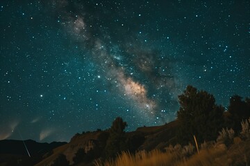 Wall Mural - Meteor shower visible in pure rural sky, no city lights, dense stars and clean air, ideal for nature and astronomy themes.