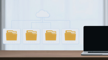 Poster - Cloud Data Storage System:  A laptop sits on a desk with a visual representation of a cloud data storage system displayed above it, showing interconnected folders syncing to the cloud.