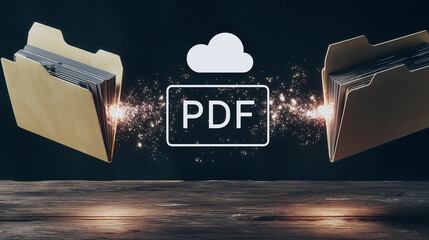 Poster - Cloud-Based Document Transfer: Visualizes a digital exchange of PDF documents between two file folders, symbolizing secure data sharing and accessibility via the cloud.
