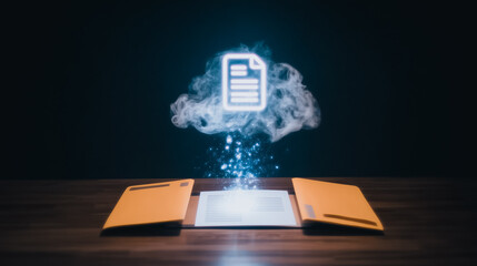 Poster - Data Storage and Digital Documentation: A cloud of digital data emanating from an open folder, symbolizing the ease and accessibility of online data storage.