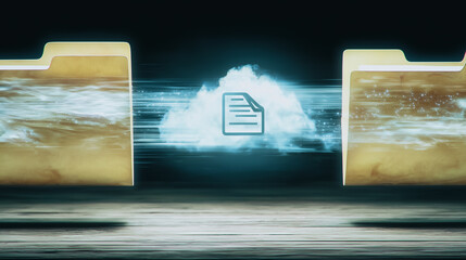 Poster - Cloud Data Transfer: Visualize the secure movement of information between file folders. A conceptual image for digital storage, sharing, and data.