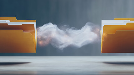 Poster - Data Transfer Visualization: An illustrative depiction of data transfer unfolds between two folders. A cloud of digital information appears to connect them.