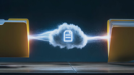 Poster - Cloud data sharing: A dynamic visualization of cloud technology, showcasing a data file being seamlessly transferred between two folders, symbolizing the digital world, efficiency and innovation.